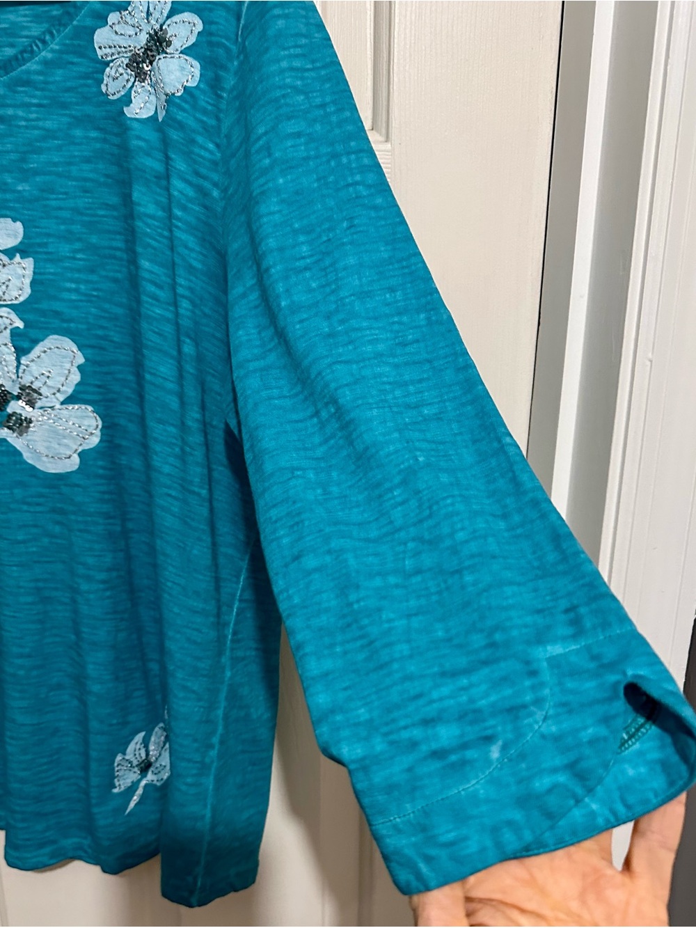 Chico's Teal Blue Floral Scoop Neck Long Sleeve Top - Picture 5 of 10
